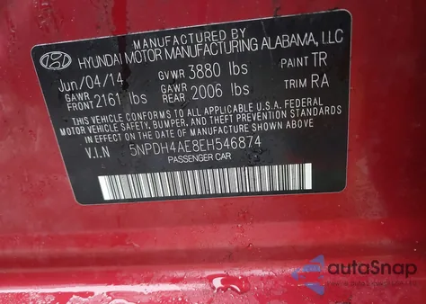 2014 Hyundai Elantra Se из США, поврежденный, VIN 5NPDH4AE8EH546874